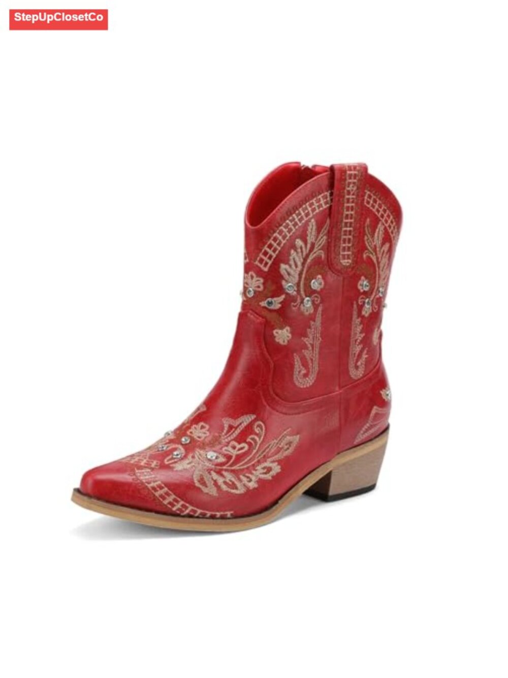 Rhinestone Embroidered Ankle Cowboy Boots Low Chunky Heel Western Booties